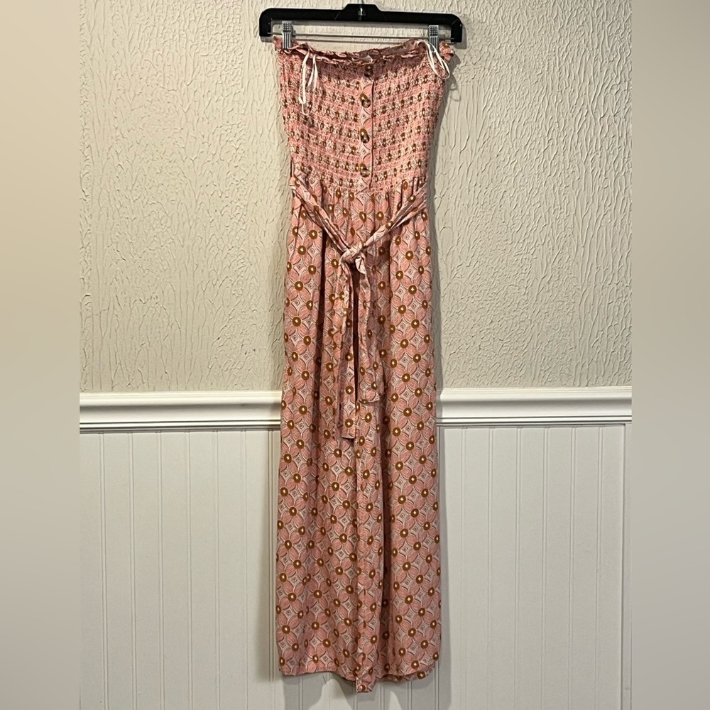 Olivaceous Pink Patterned Rayon Strapless tube top style Jumpsuit size medium - Picture 2 of 9